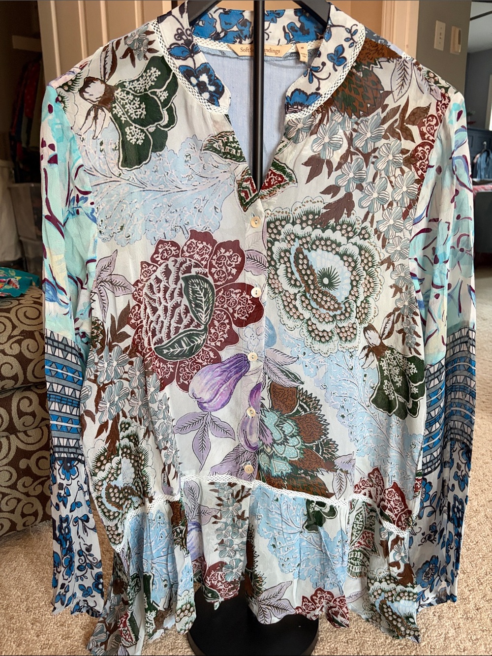 Soft Surroundings Floral Button-Front Blouse in Blue, Green, Burgundy